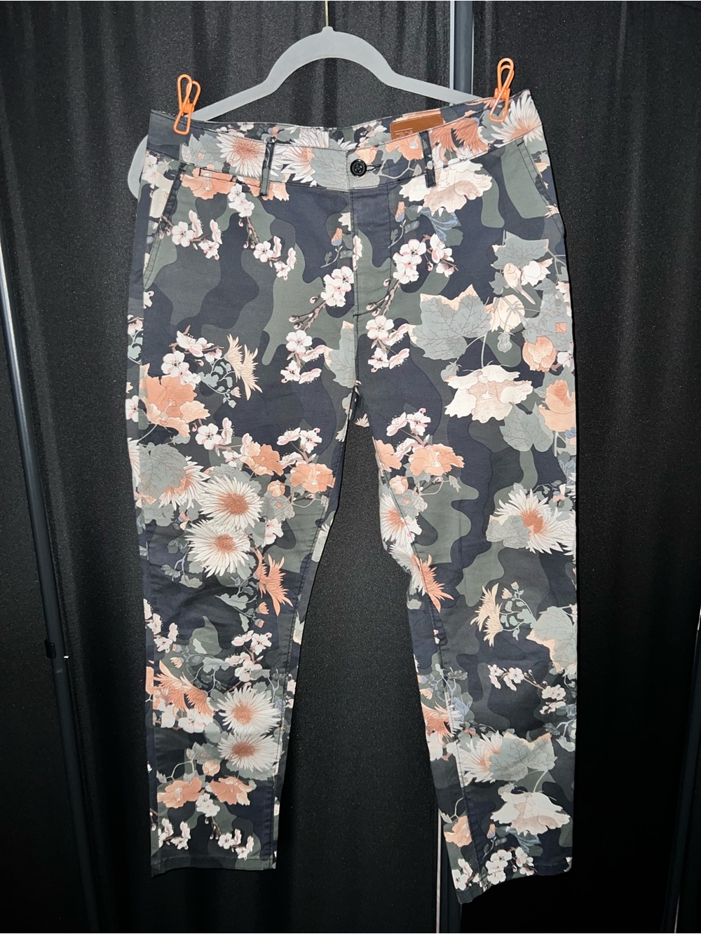 ASOS Floral Camo Stretch Chinos in Peach and Olive Green and Cream.